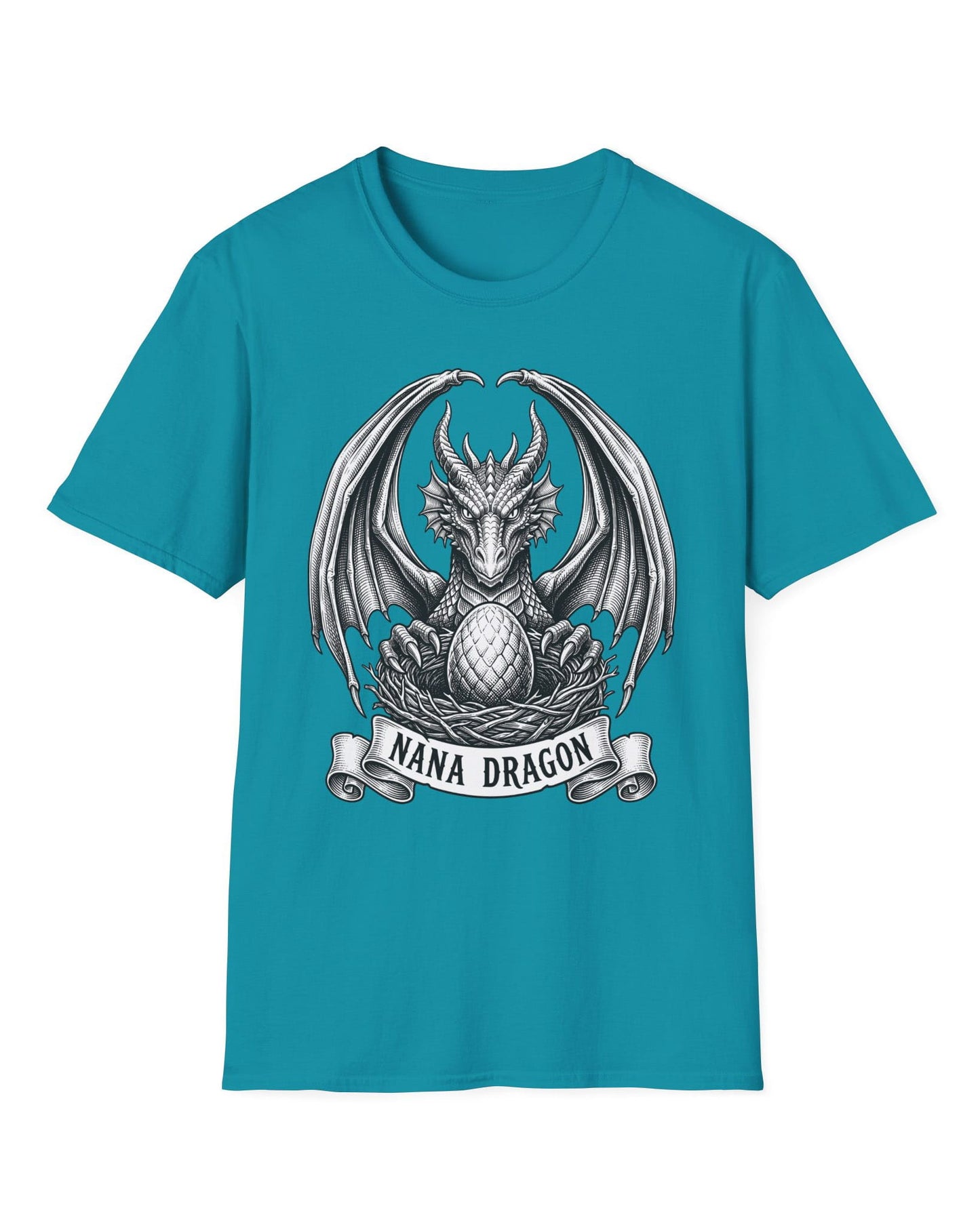 Nana Dragon shirt in tropical blue featuring detailed vintage sketch art of a dragon guarding an egg in its nest