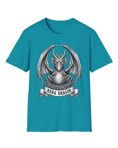Nana Dragon shirt in tropical blue featuring detailed vintage sketch art of a dragon guarding an egg in its nest