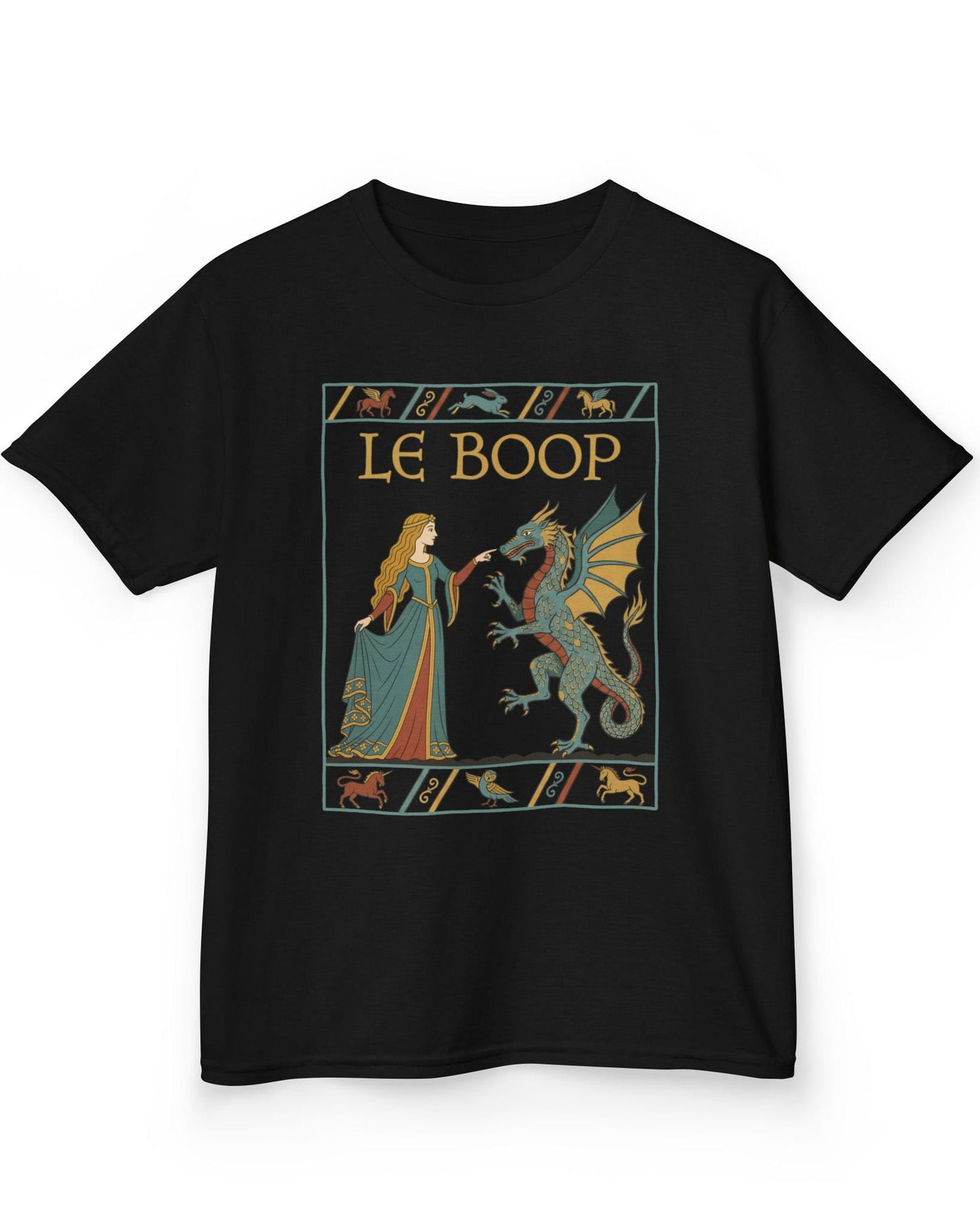 Le Boop Maiden shirt in black featuring a medieval maiden playfully booping a dragon in vintage tapestry style