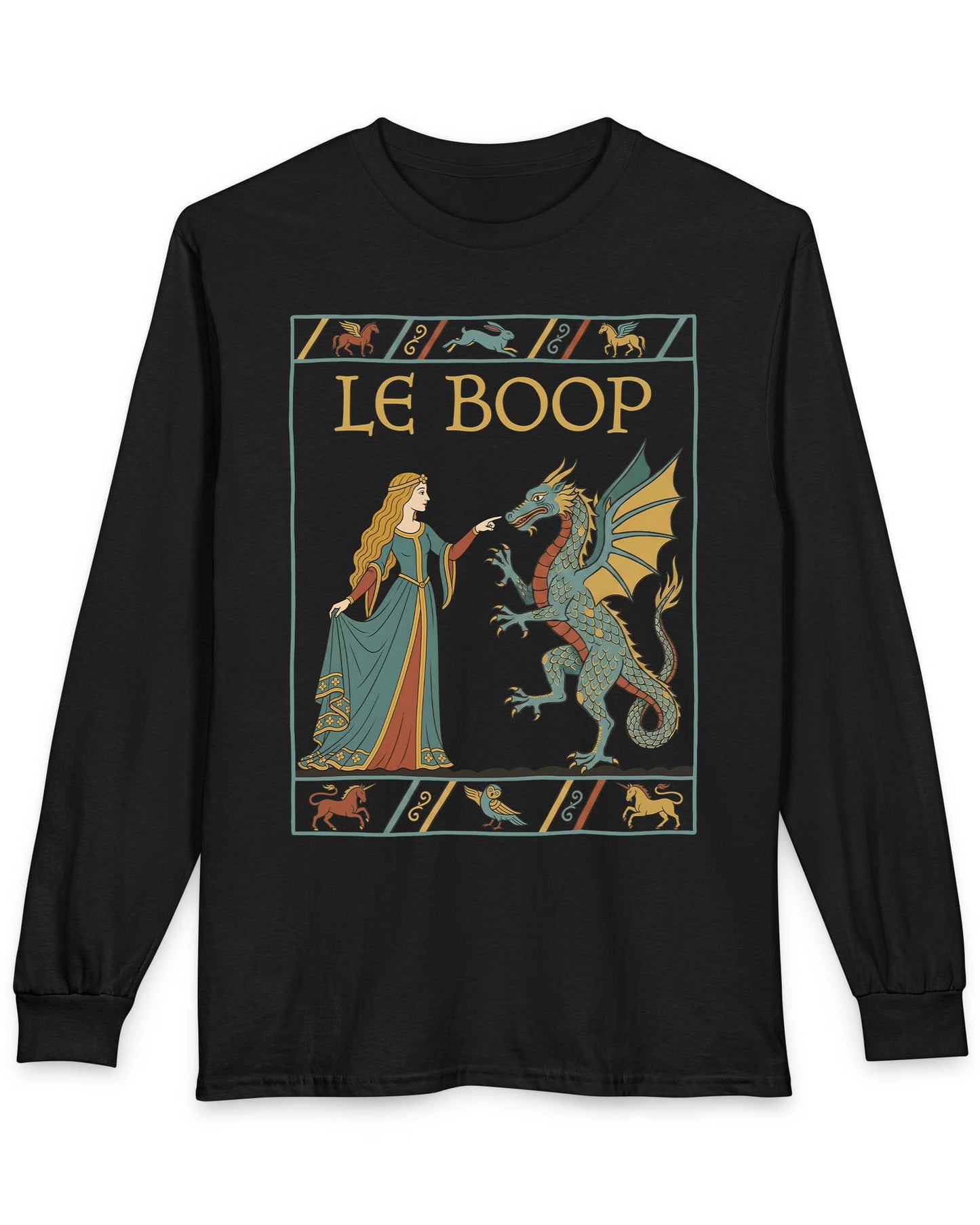 Le Boop Maiden shirt in black featuring a medieval maiden playfully booping a dragon in vintage tapestry style