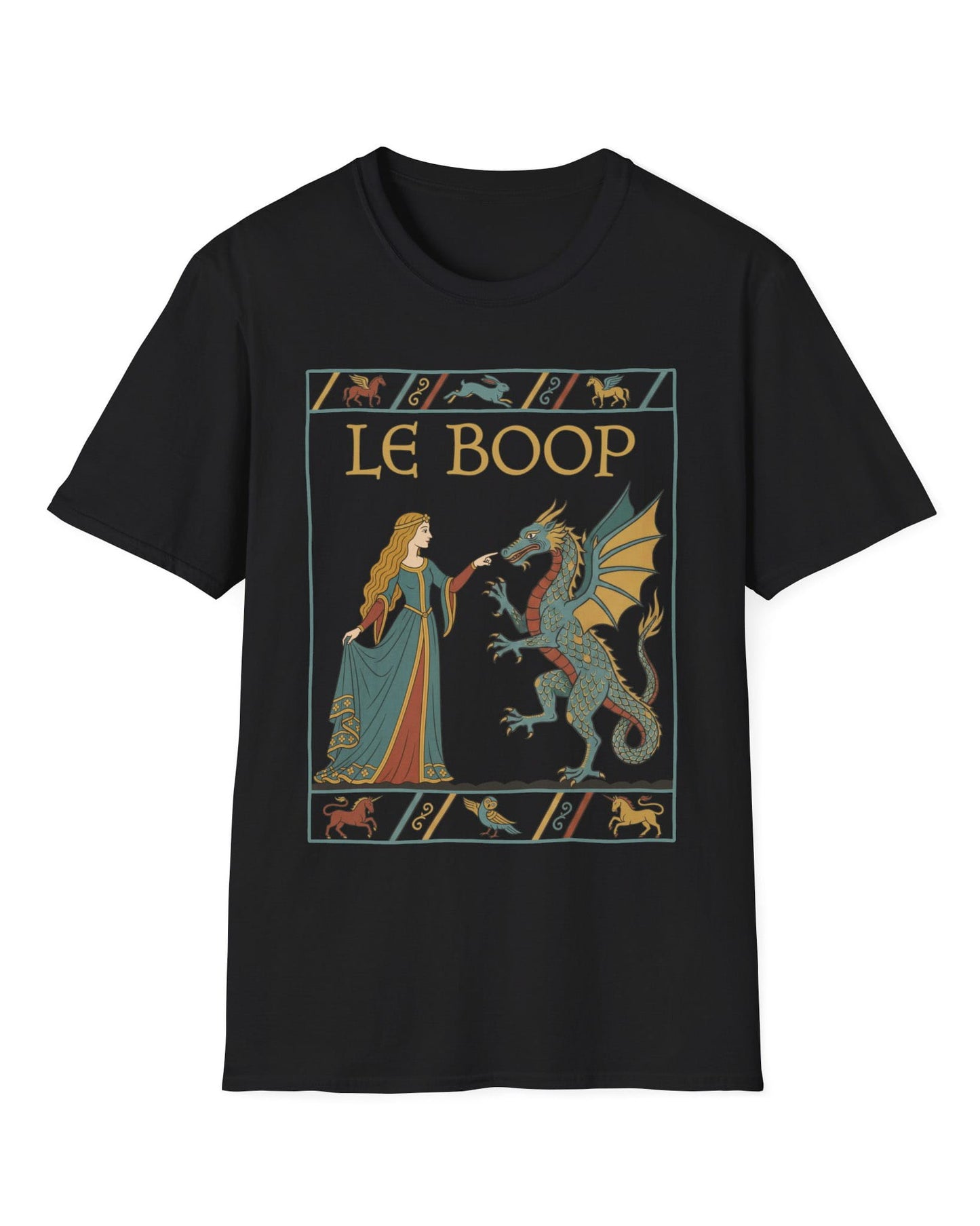 Le Boop Maiden shirt in black featuring a medieval maiden playfully booping a dragon in vintage tapestry style