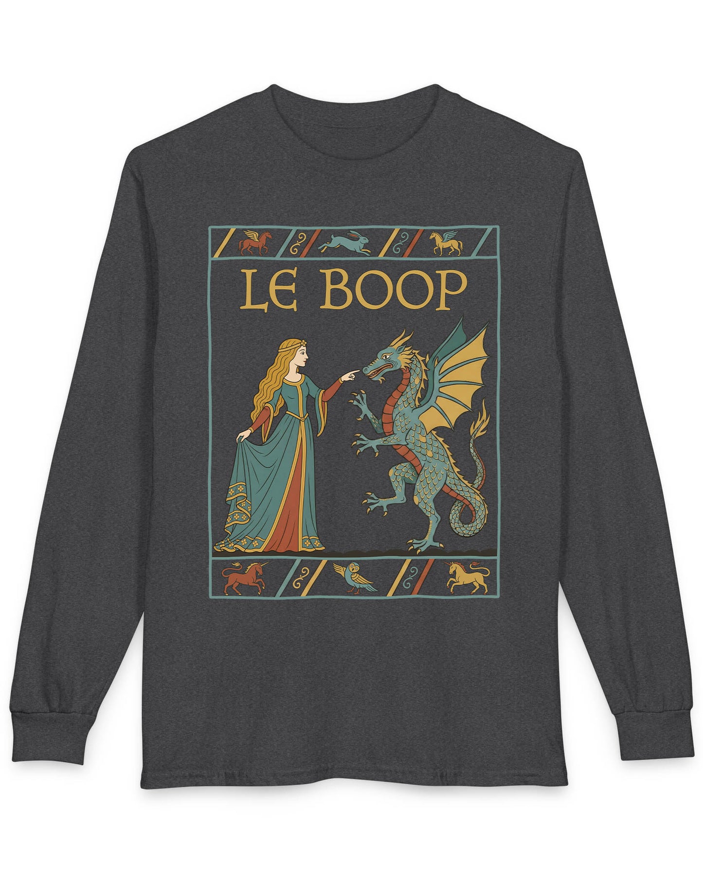 Le Boop Maiden shirt in dark heather featuring a medieval maiden playfully booping a dragon in vintage tapestry style