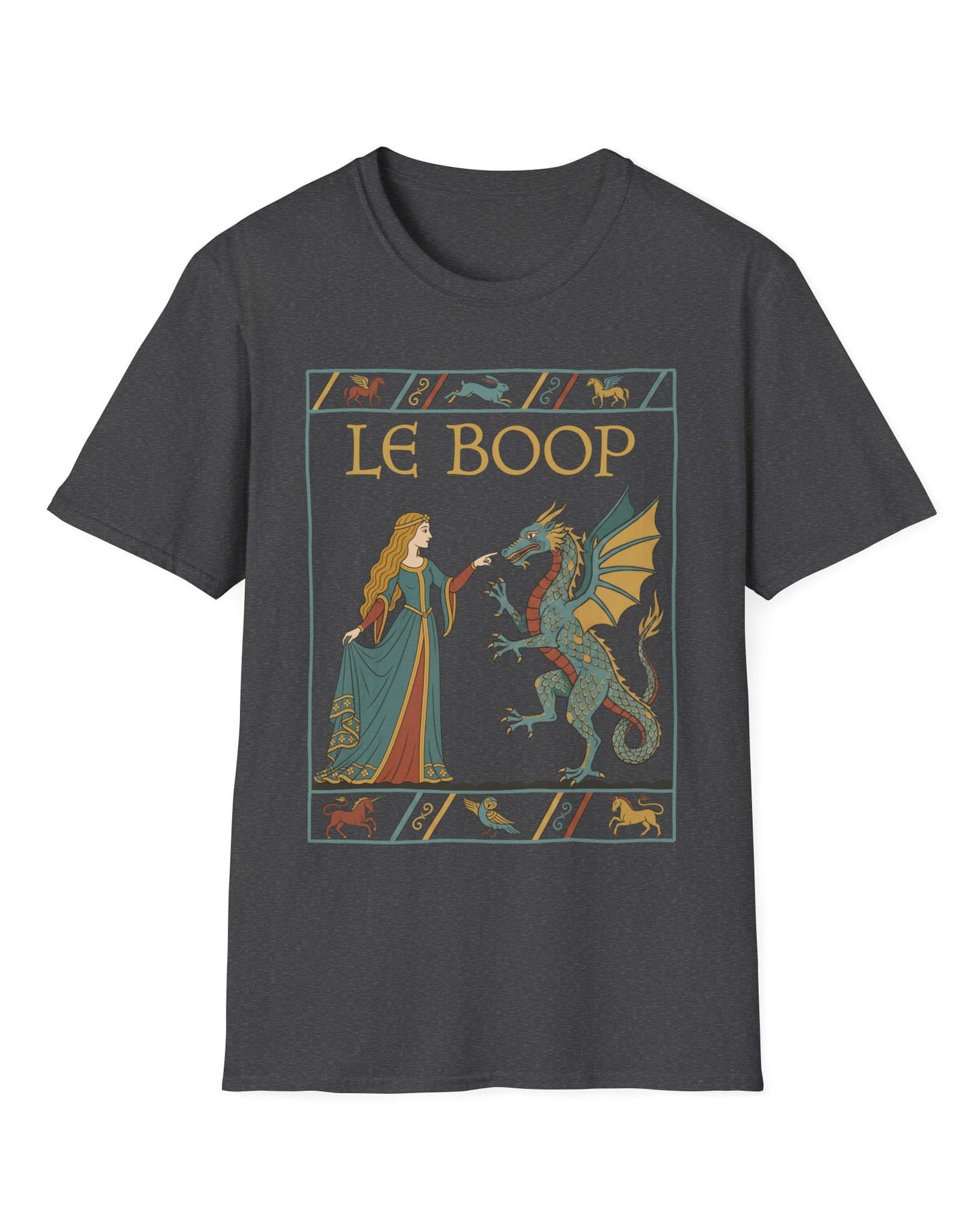 Le Boop Maiden shirt in dark heather featuring a medieval maiden playfully booping a dragon in vintage tapestry style