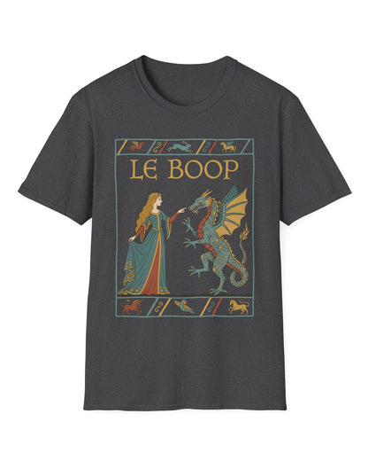 Le Boop Maiden shirt in dark heather featuring a medieval maiden playfully booping a dragon in vintage tapestry style