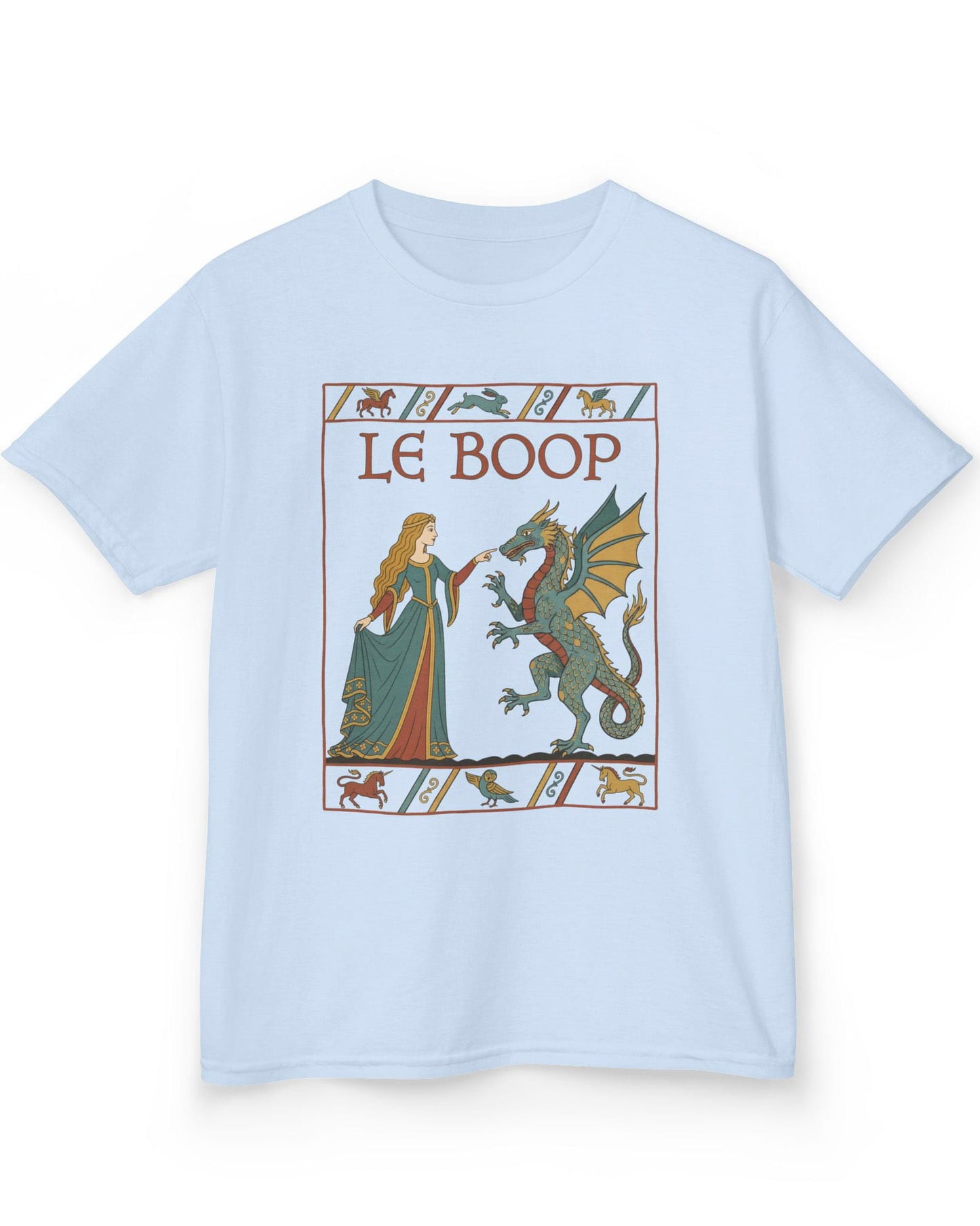 Le Boop Maiden shirt in light blue featuring a medieval maiden playfully booping a dragon in vintage tapestry style
