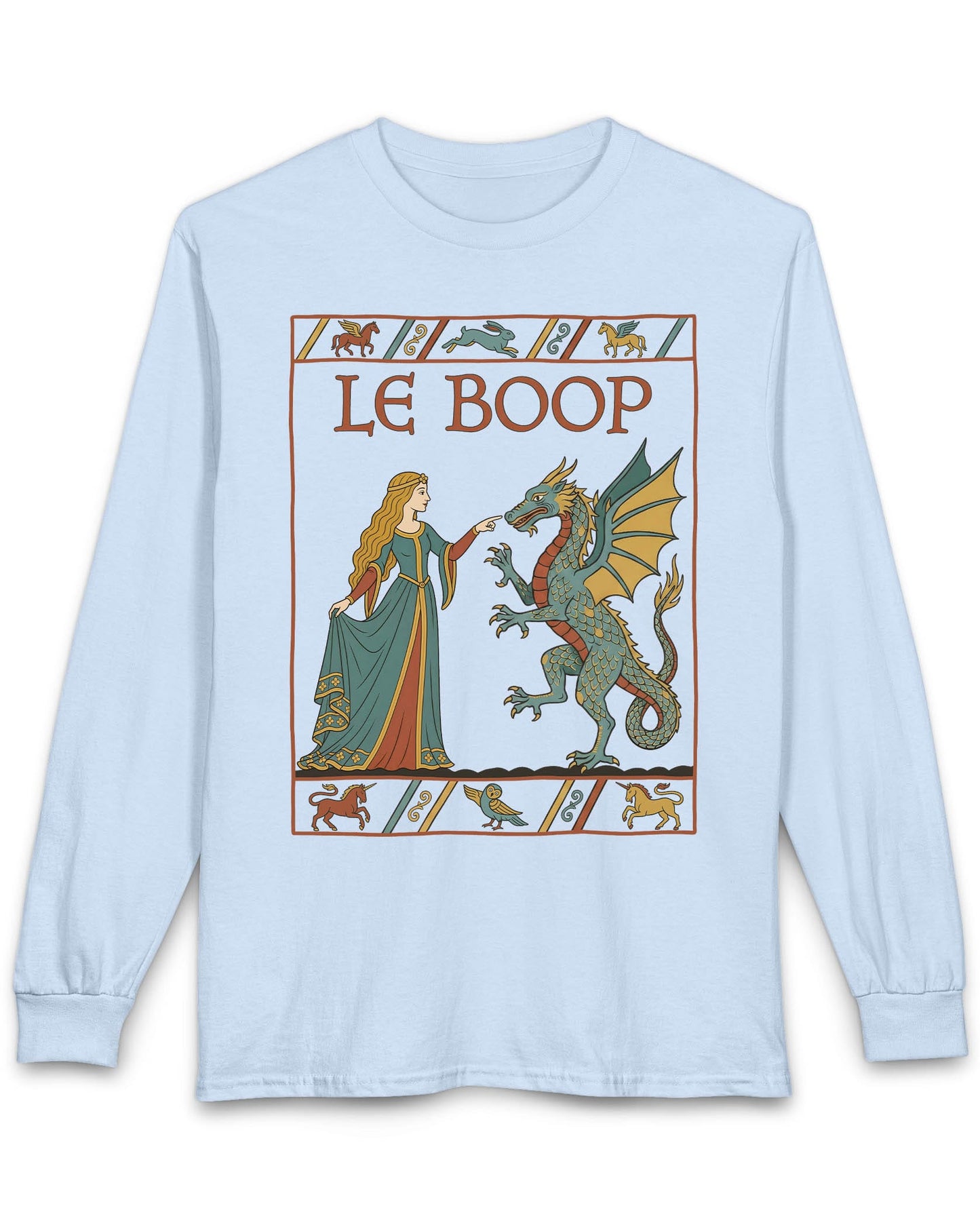 Le Boop Maiden shirt in light blue featuring a medieval maiden playfully booping a dragon in vintage tapestry style