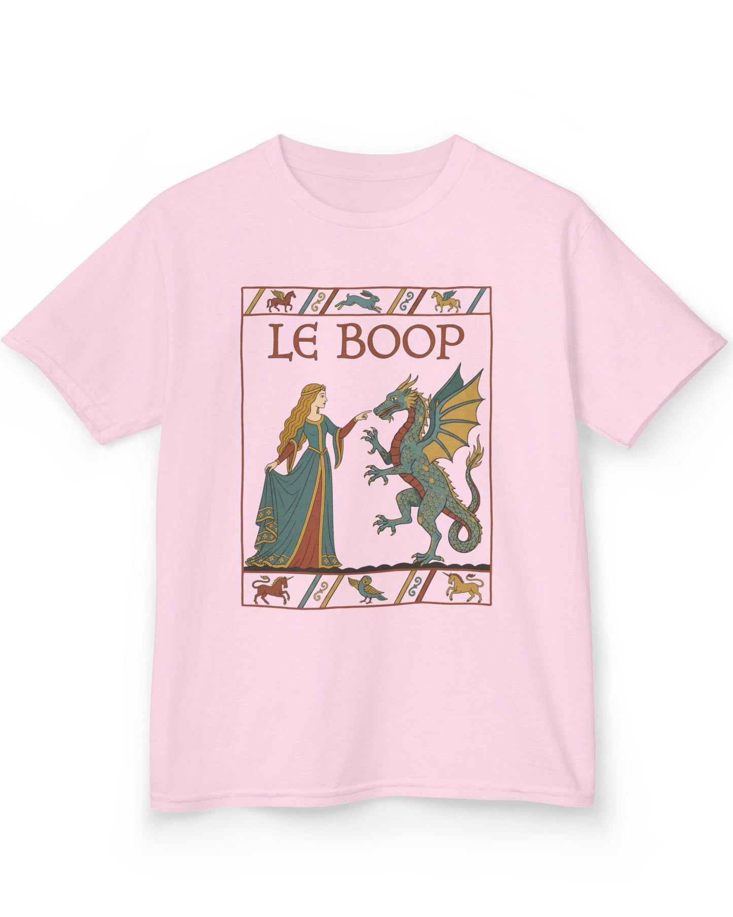 Le Boop Maiden shirt in light pink featuring a medieval maiden playfully booping a dragon in vintage tapestry style