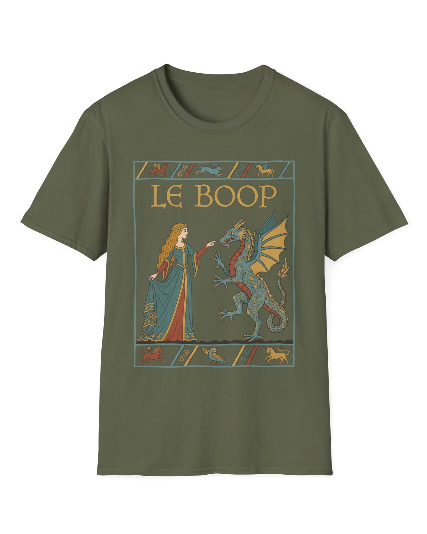 Le Boop Maiden shirt in military green featuring a medieval maiden playfully booping a dragon in vintage tapestry style