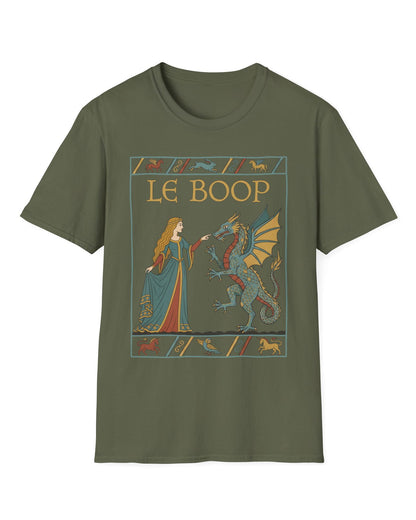 Le Boop Maiden shirt in military green featuring a medieval maiden playfully booping a dragon in vintage tapestry style
