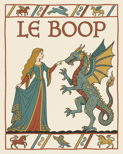 Le Boop Maiden shirt in natural featuring a medieval maiden playfully booping a dragon in vintage tapestry style