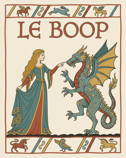 Le Boop Maiden shirt in natural featuring a medieval maiden playfully booping a dragon in vintage tapestry style