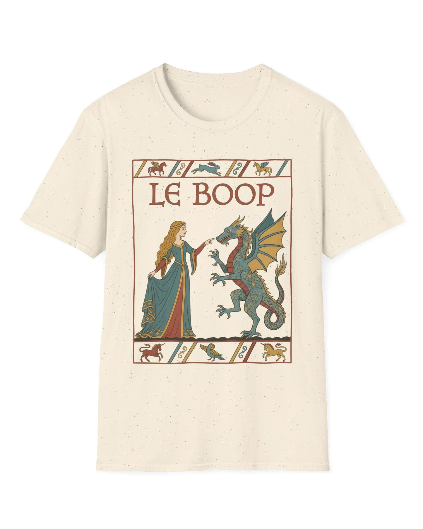 Le Boop Maiden shirt in natural featuring a medieval maiden playfully booping a dragon in vintage tapestry style