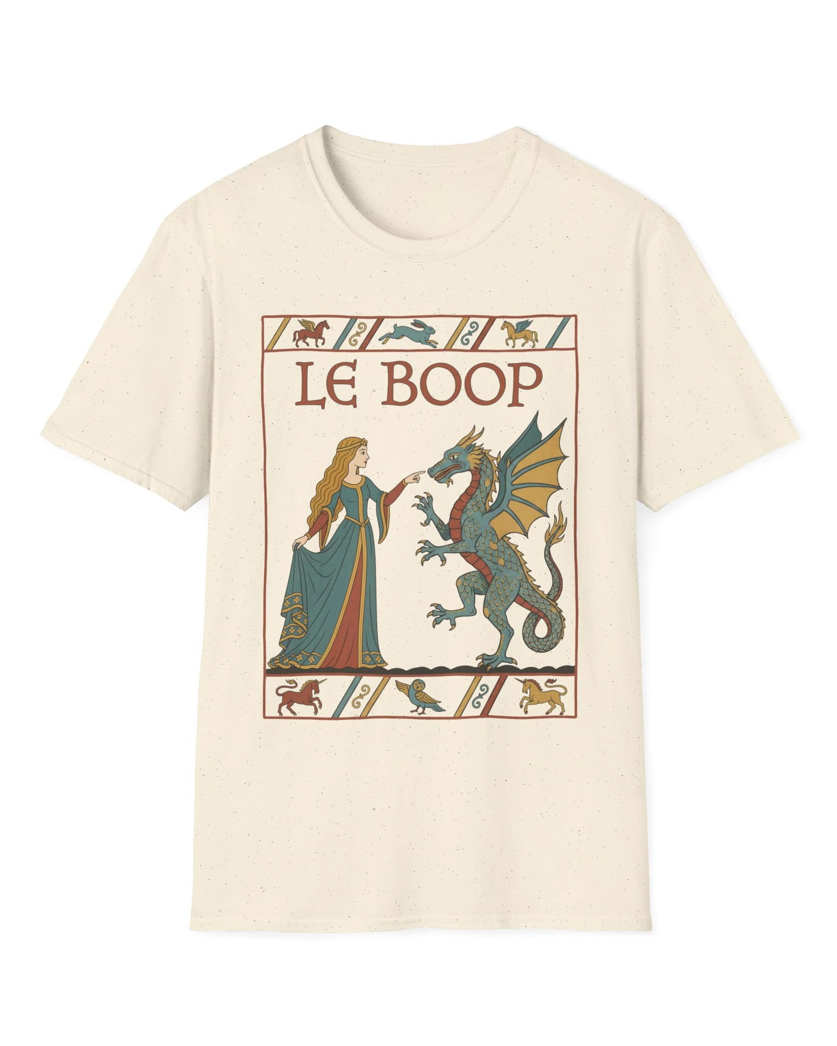 Le Boop Maiden shirt in natural featuring a medieval maiden playfully booping a dragon in vintage tapestry style