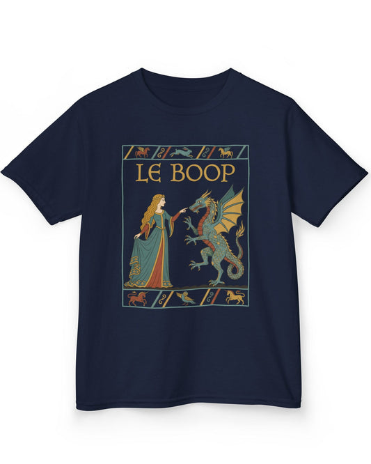 Le Boop Maiden shirt in navy featuring a medieval maiden playfully booping a dragon in vintage tapestry style