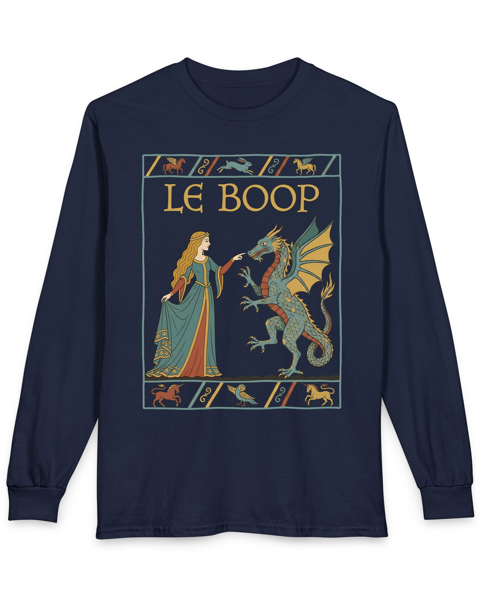 Le Boop Maiden shirt in navy featuring a medieval maiden playfully booping a dragon in vintage tapestry style