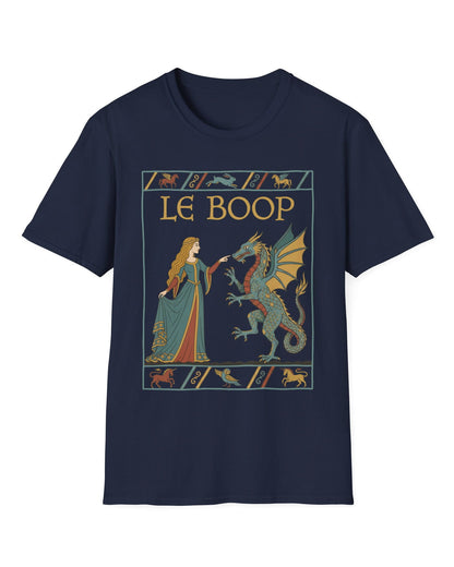 Le Boop Maiden shirt in navy featuring a medieval maiden playfully booping a dragon in vintage tapestry style