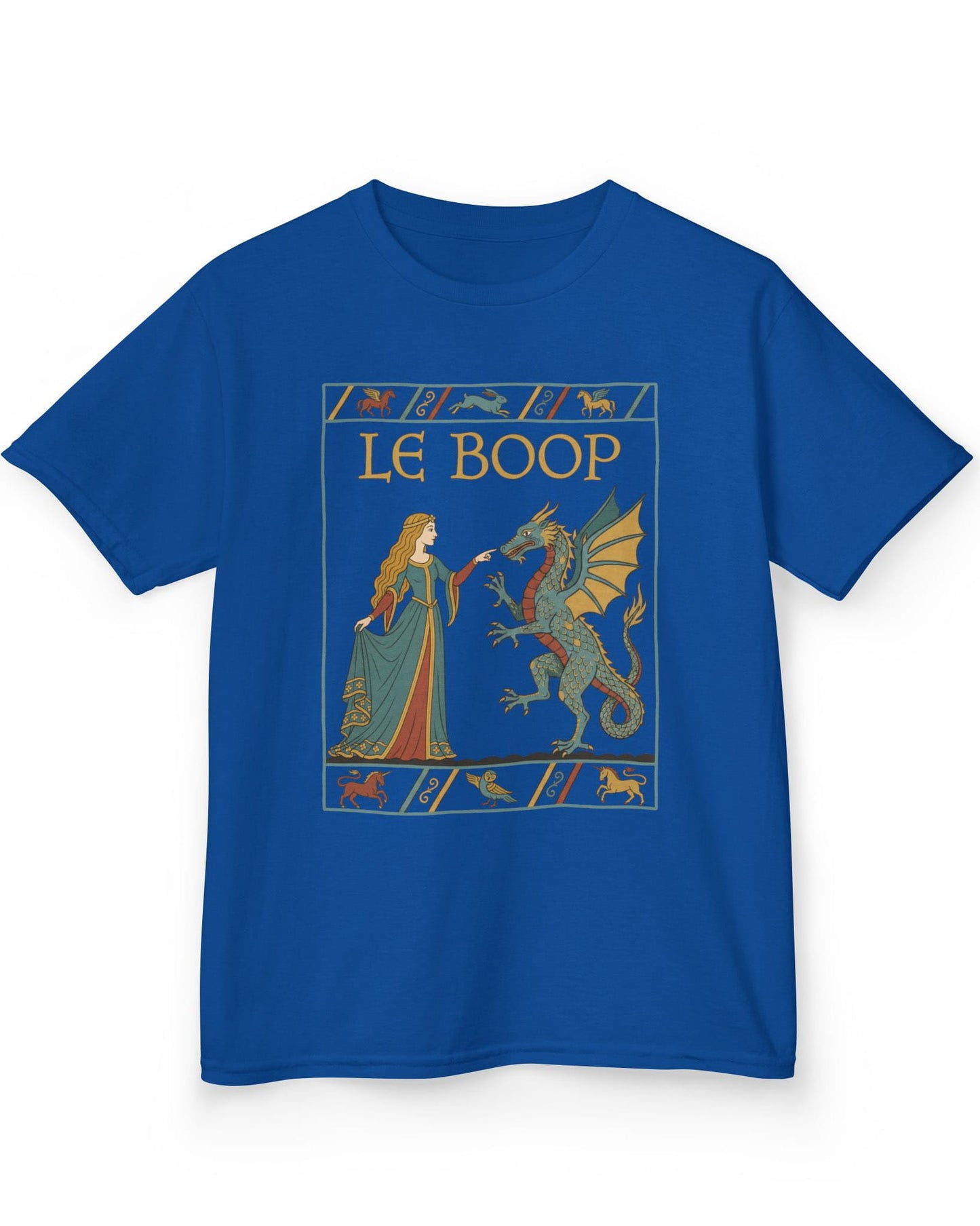 Le Boop Maiden shirt in royal blue featuring a medieval maiden playfully booping a dragon in vintage tapestry style