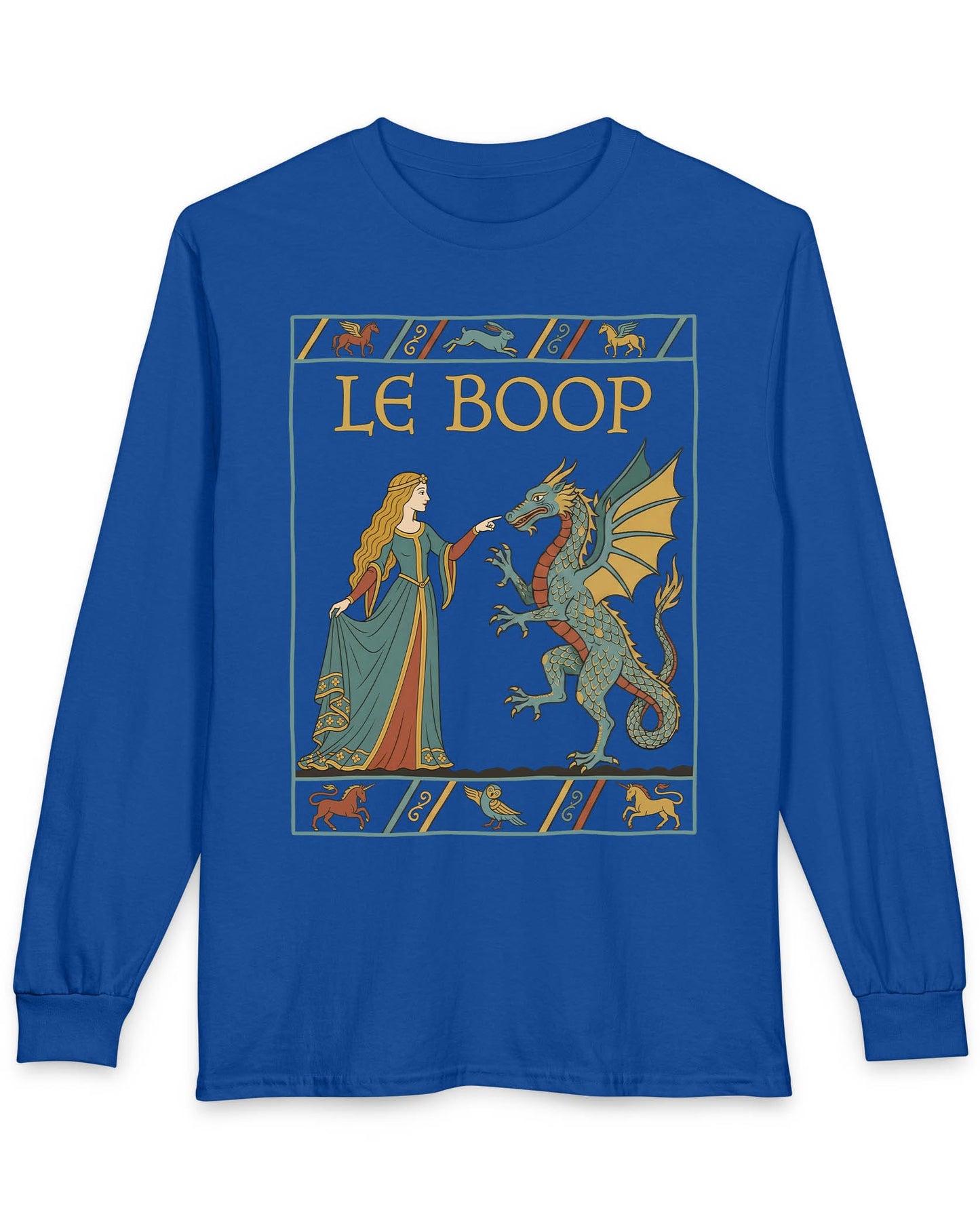 Le Boop Maiden shirt in royal blue featuring a medieval maiden playfully booping a dragon in vintage tapestry style
