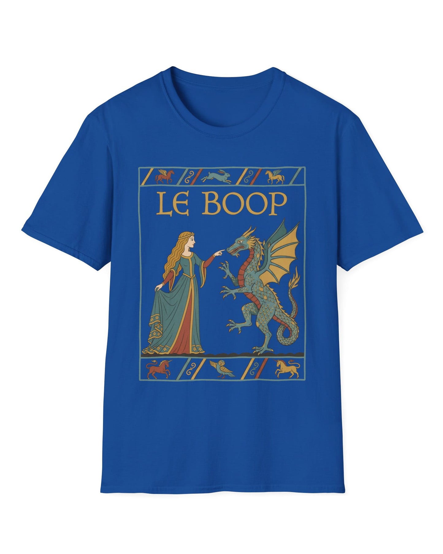 Le Boop Maiden shirt in royal blue featuring a medieval maiden playfully booping a dragon in vintage tapestry style