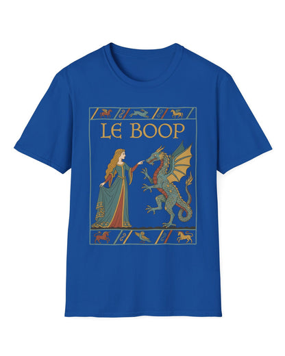 Le Boop Maiden shirt in royal blue featuring a medieval maiden playfully booping a dragon in vintage tapestry style