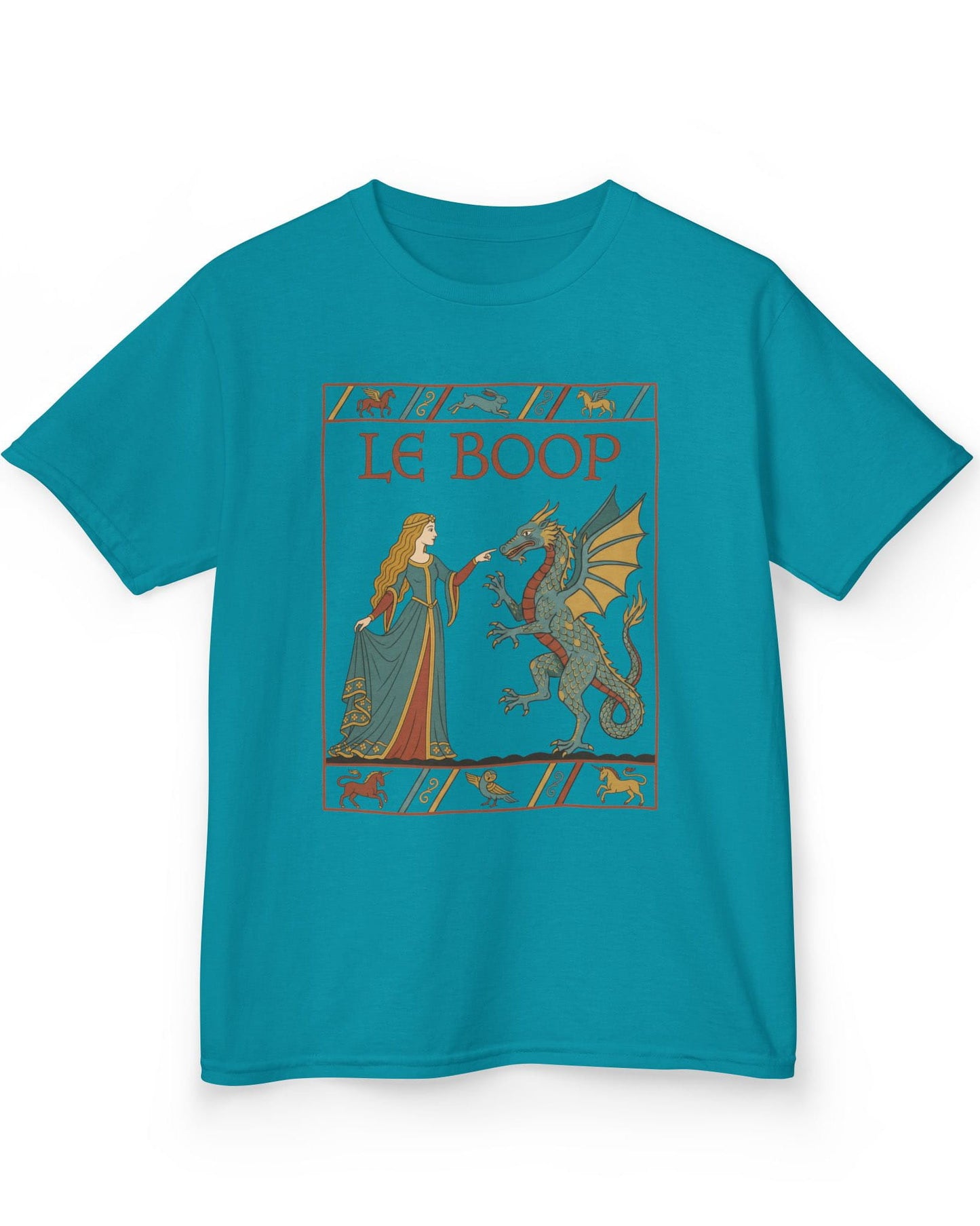 Le Boop Maiden shirt in tropical blue featuring a medieval maiden playfully booping a dragon in vintage tapestry style