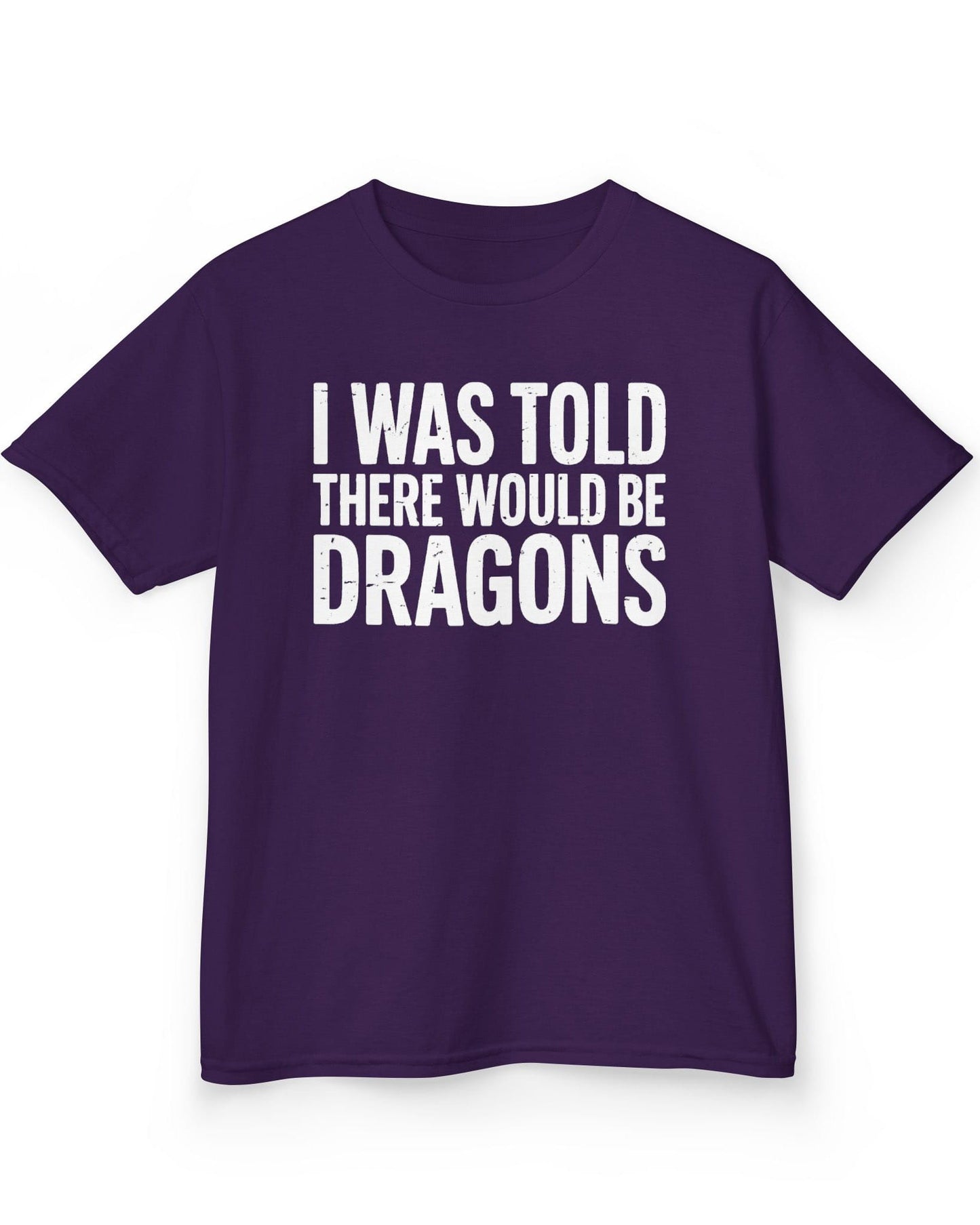 I Was Told shirt in purple featuring distressed white text reading "I Was Told There Would Be Dragons"
