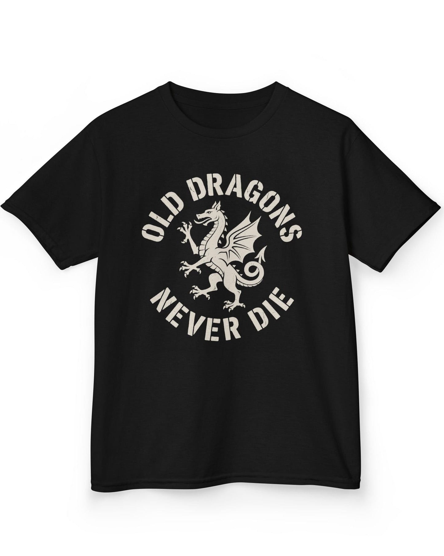 Old Dragons Never Die shirt in black featuring a distressed white dragon surrounded by curved vintage-style text