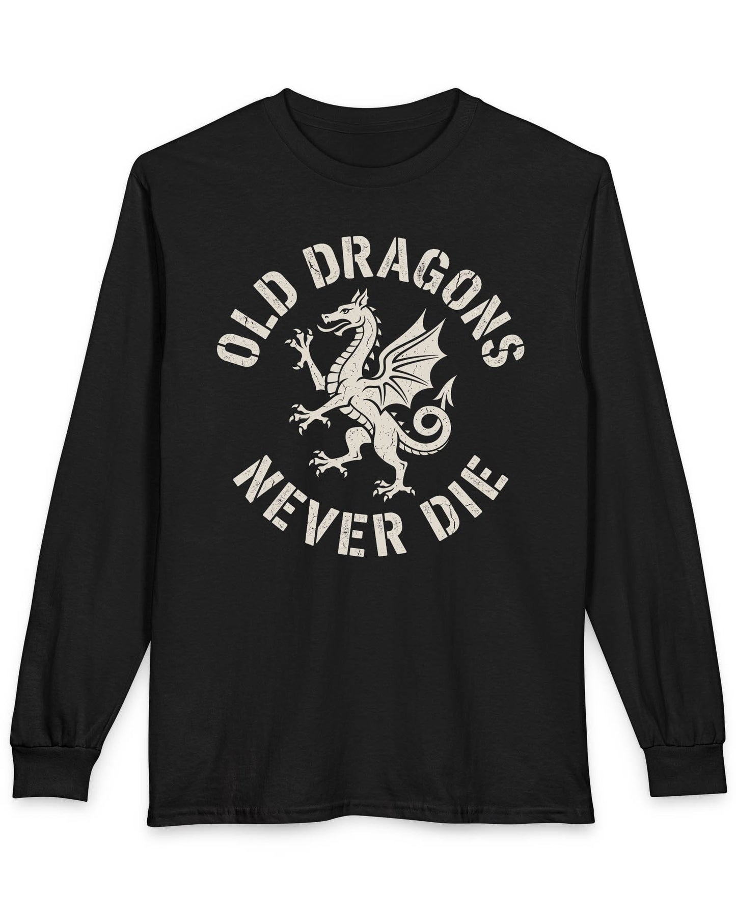 Old Dragons Never Die shirt in black featuring a distressed white dragon surrounded by curved vintage-style text