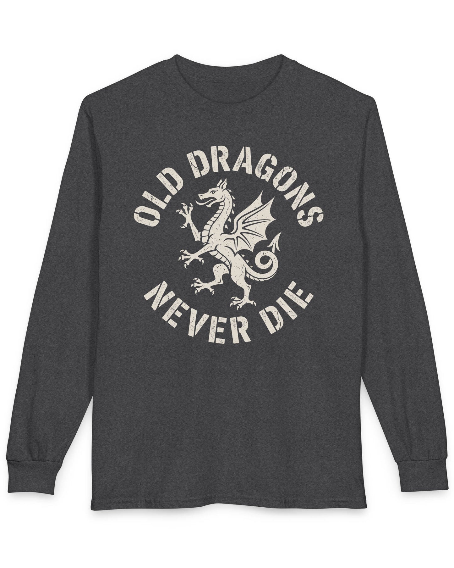 Old Dragons Never Die shirt in dark heather featuring a distressed white dragon surrounded by curved vintage-style text