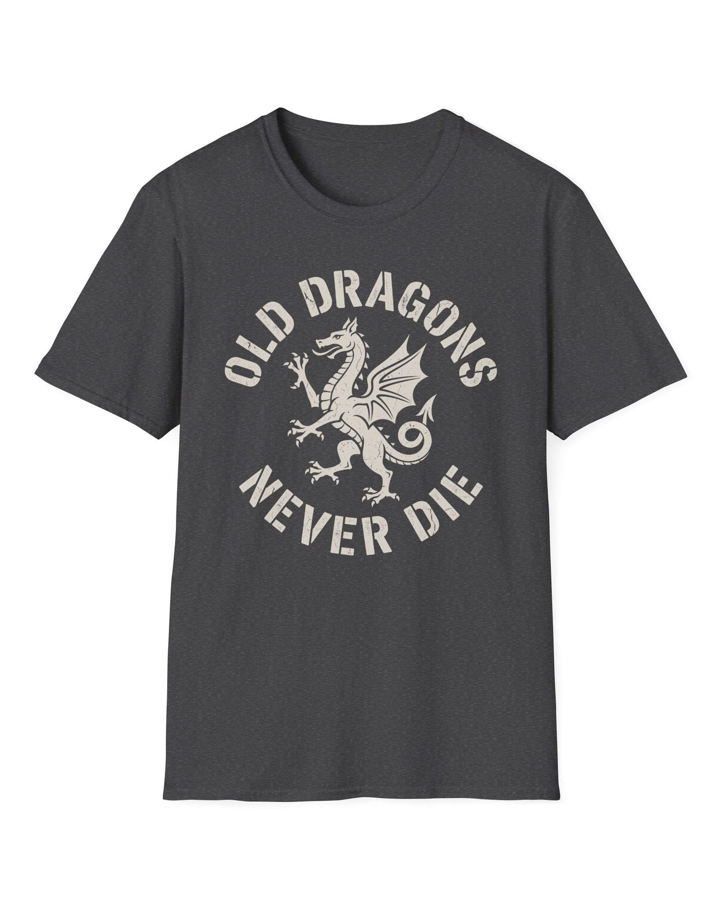 Old Dragons Never Die shirt in dark heather featuring a distressed white dragon surrounded by curved vintage-style text