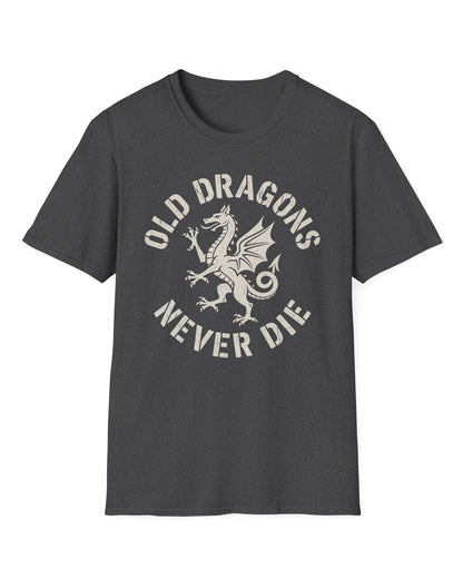 Old Dragons Never Die shirt in dark heather featuring a distressed white dragon surrounded by curved vintage-style text