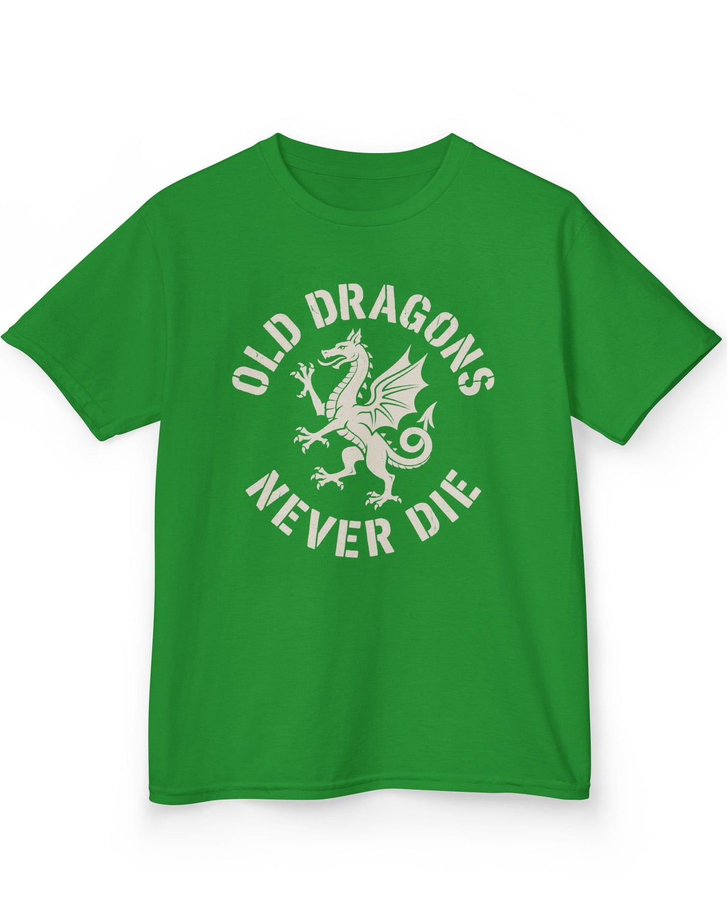 Old Dragons Never Die shirt in Irish green featuring a distressed white dragon surrounded by curved vintage-style text