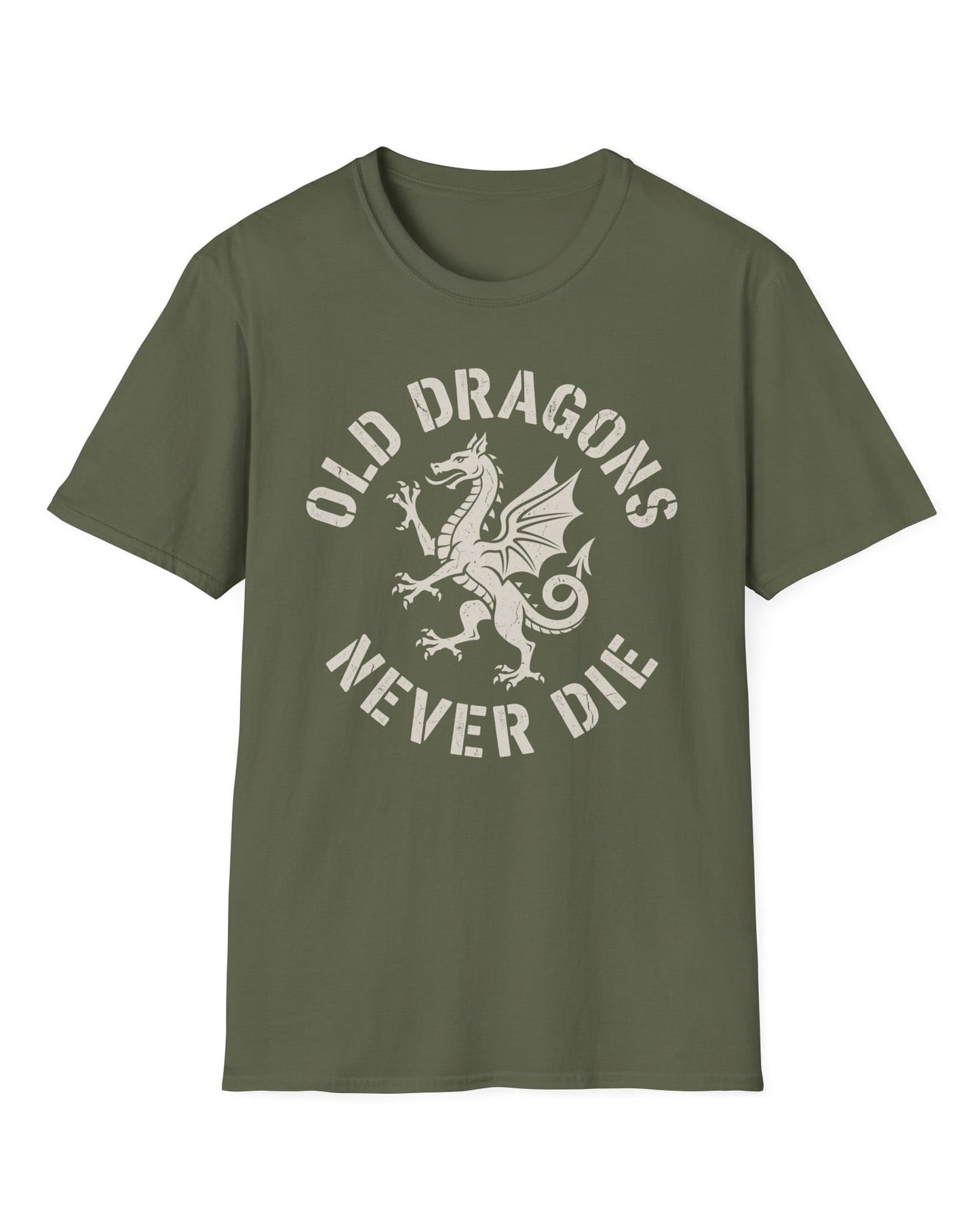 Old Dragons Never Die shirt in military green featuring a distressed white dragon surrounded by curved vintage-style text
