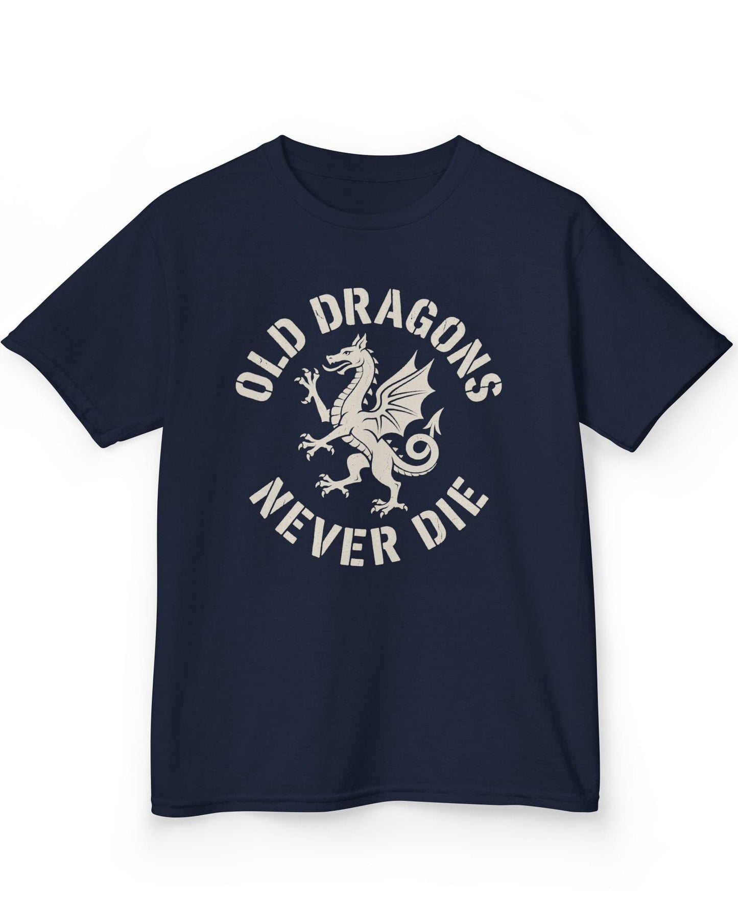 Old Dragons Never Die shirt in navy featuring a distressed white dragon surrounded by curved vintage-style text