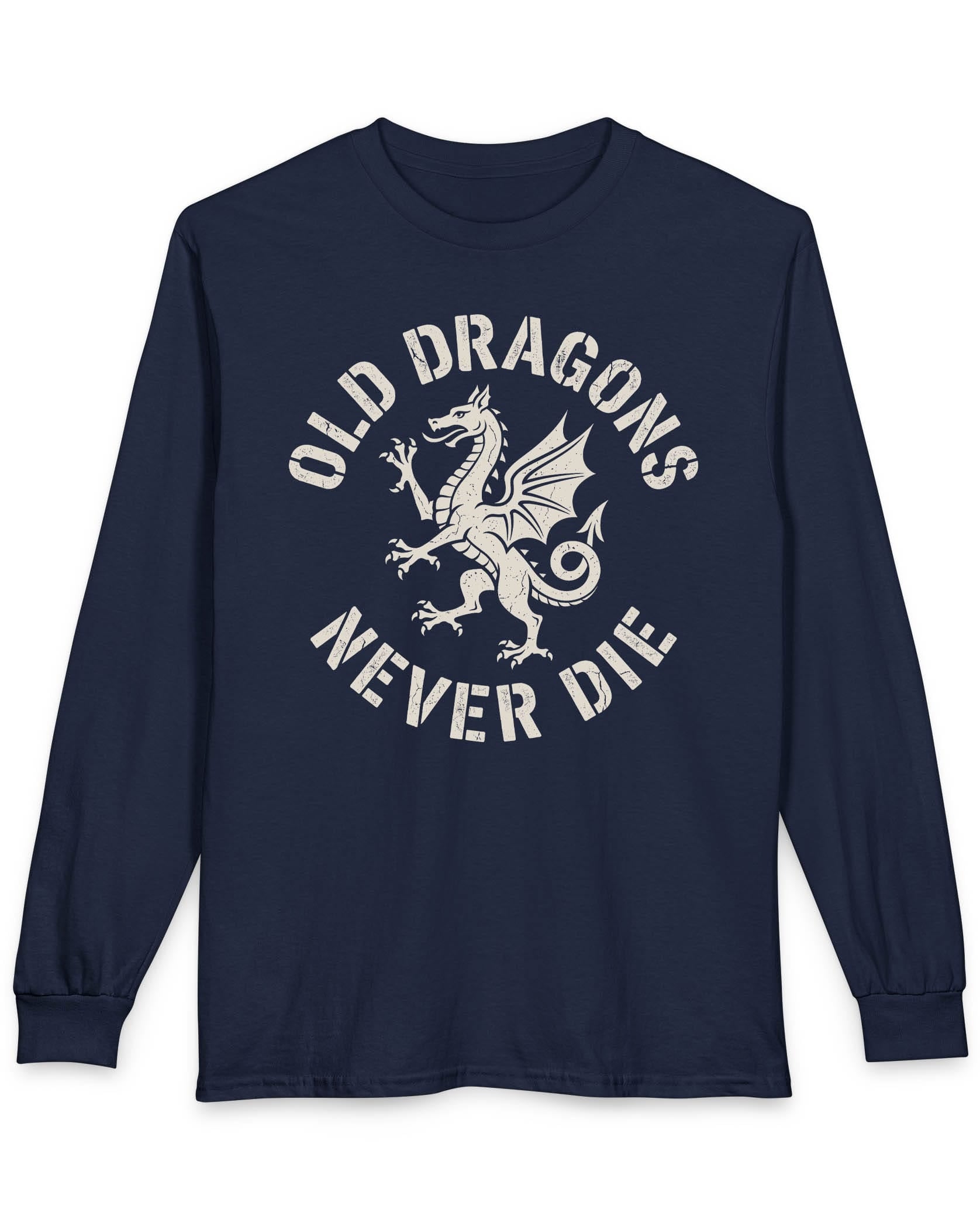 Old Dragons Never Die shirt in navy featuring a distressed white dragon surrounded by curved vintage-style text