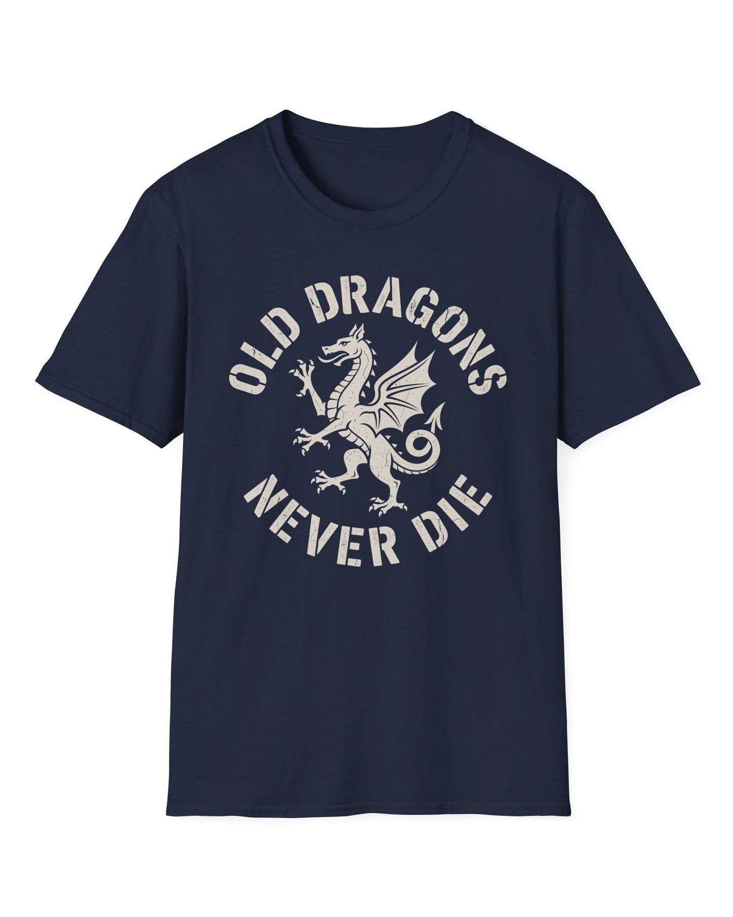Old Dragons Never Die shirt in navy featuring a distressed white dragon surrounded by curved vintage-style text
