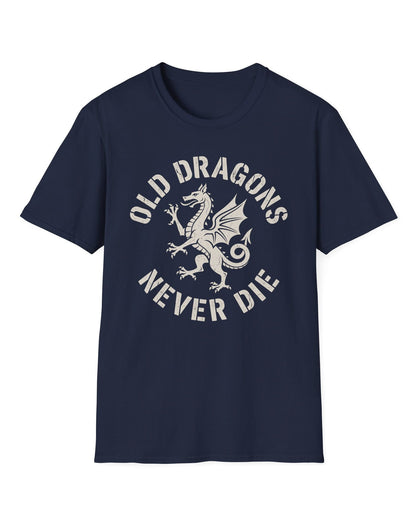 Old Dragons Never Die shirt in navy featuring a distressed white dragon surrounded by curved vintage-style text