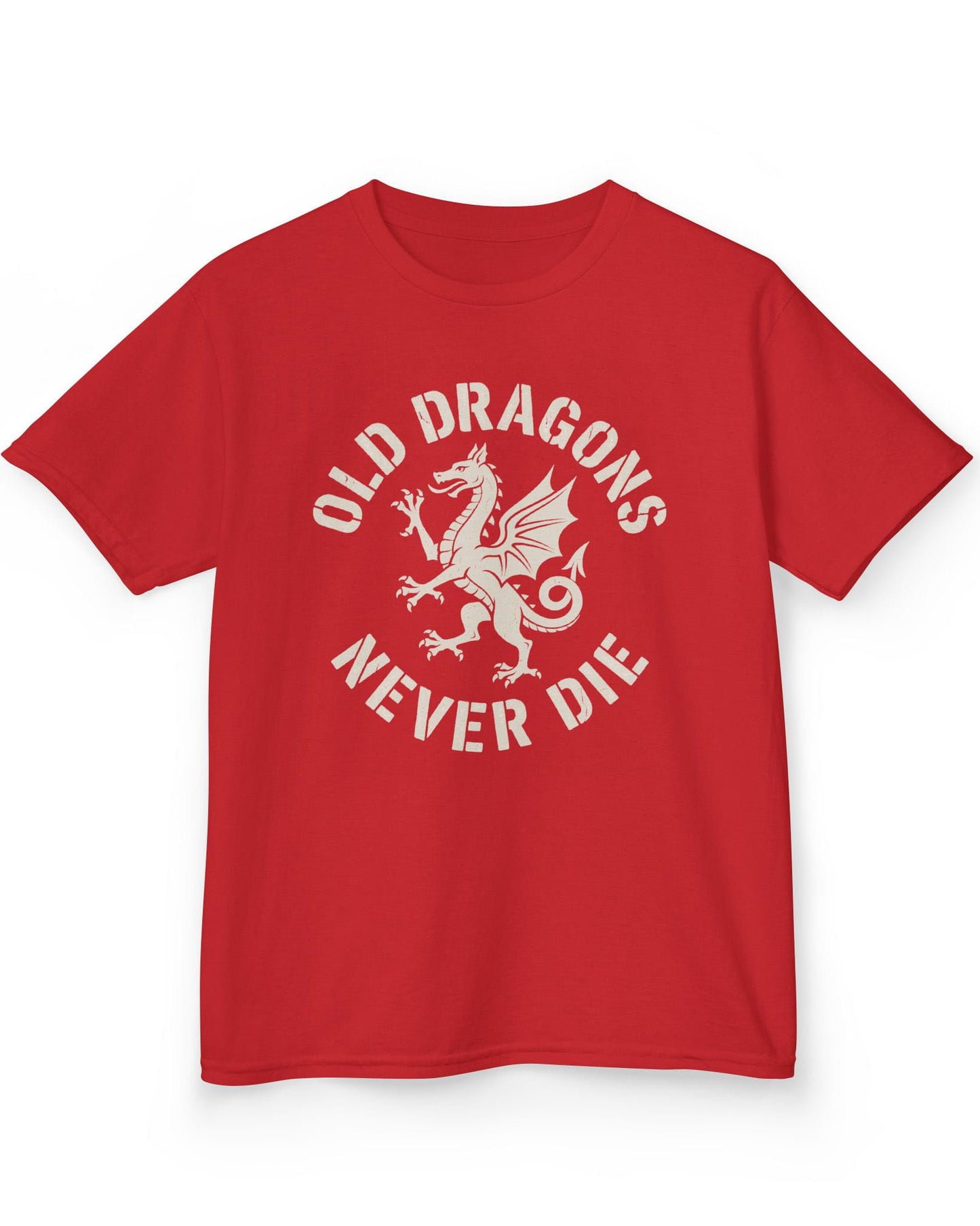 Old Dragons Never Die shirt in red featuring a distressed white dragon surrounded by curved vintage-style text