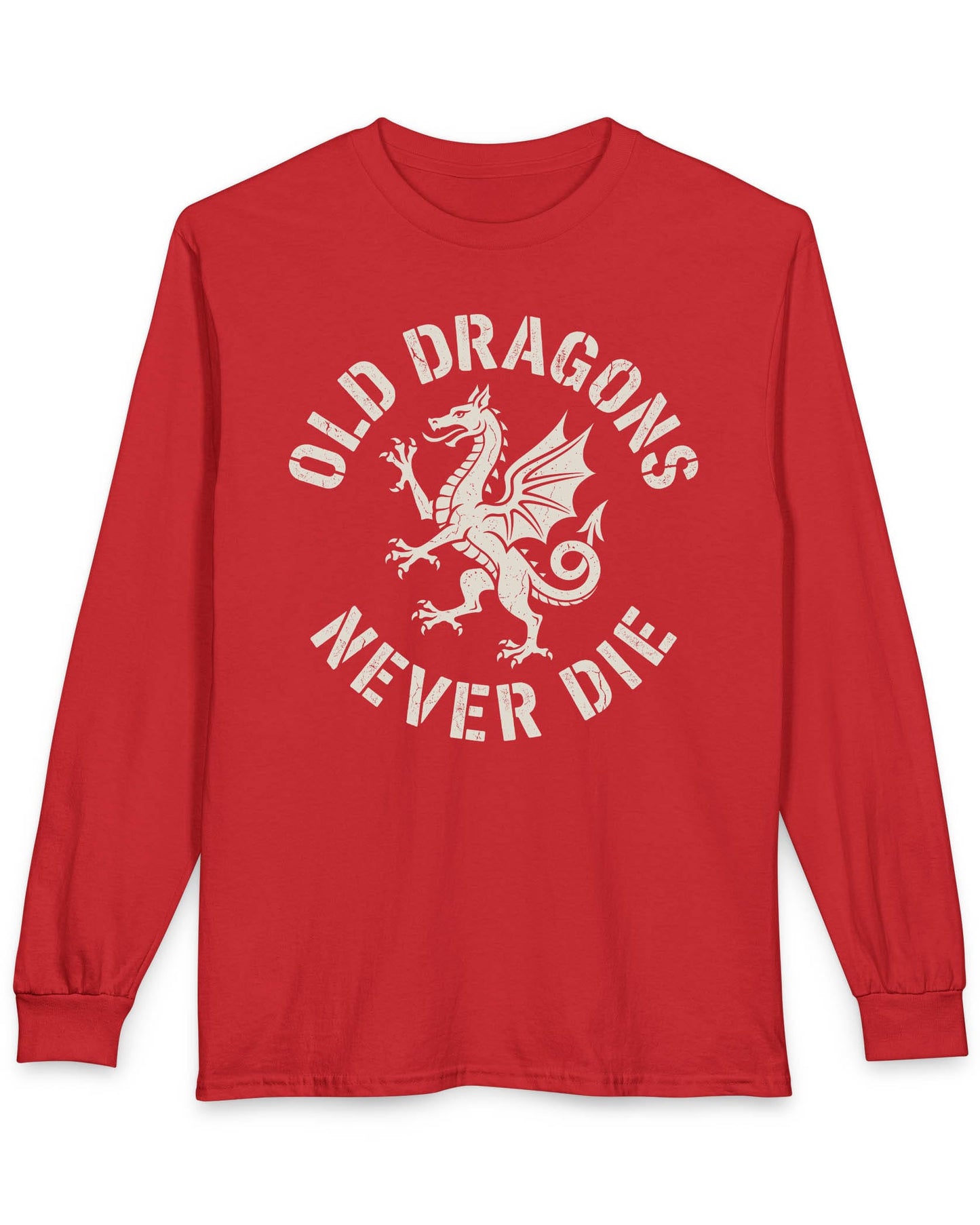 Old Dragons Never Die shirt in red featuring a distressed white dragon surrounded by curved vintage-style text