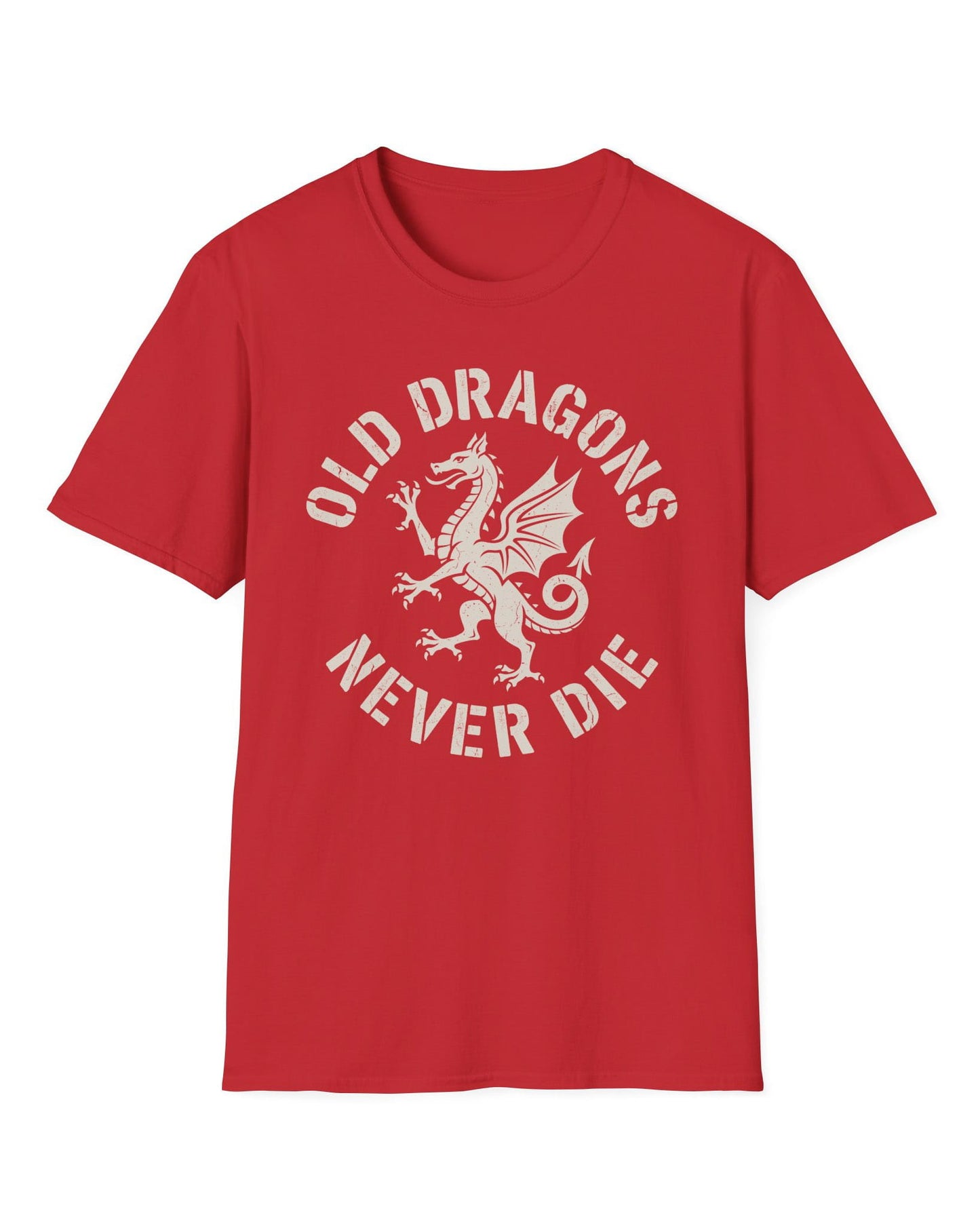 Old Dragons Never Die shirt in red featuring a distressed white dragon surrounded by curved vintage-style text