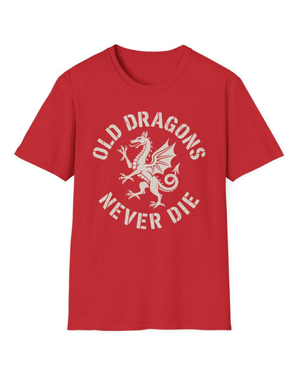 Old Dragons Never Die shirt in red featuring a distressed white dragon surrounded by curved vintage-style text