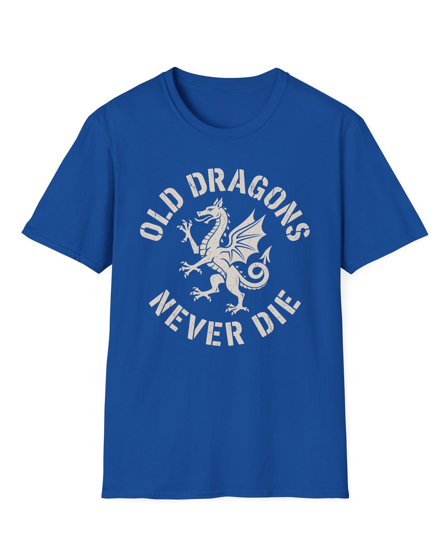 Old Dragons Never Die shirt in royal blue featuring a distressed white dragon surrounded by curved vintage-style text