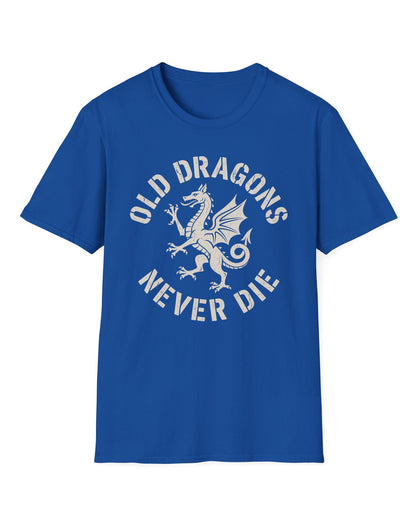 Old Dragons Never Die shirt in royal blue featuring a distressed white dragon surrounded by curved vintage-style text
