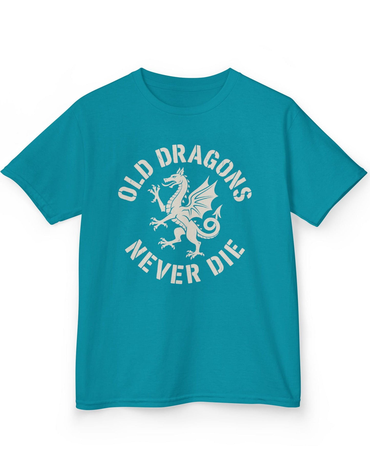 Old Dragons Never Die shirt in tropical blue featuring a distressed white dragon surrounded by curved vintage-style text