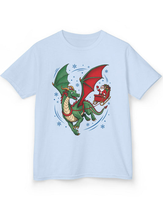 Santa's Dragon shirt in light blue featuring a green dragon pulling Santa in a red sleigh through falling snow