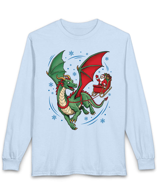 Santa's Dragon shirt in light blue featuring a green dragon pulling Santa in a red sleigh through falling snow
