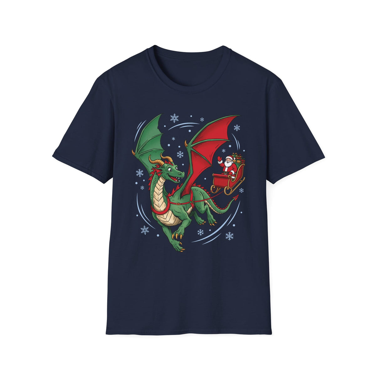 Santa's Dragon shirt in navy featuring a green dragon pulling Santa in a red sleigh through falling snow