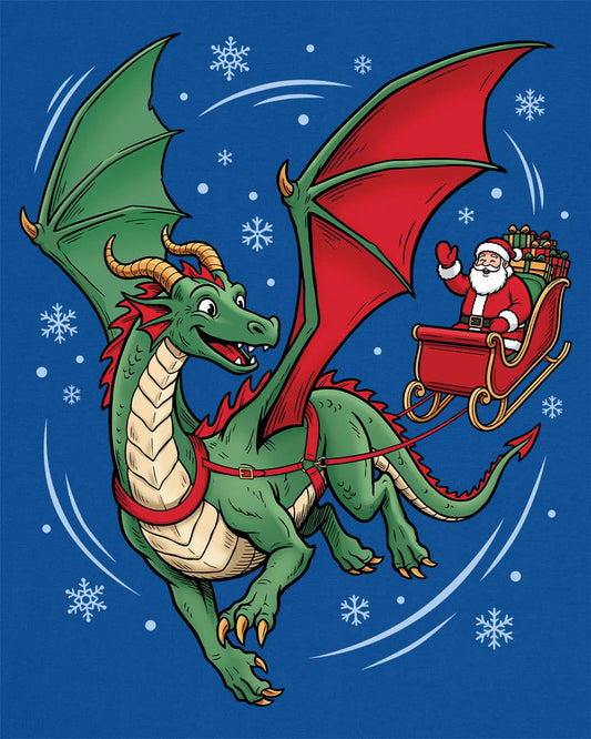 Santa's Dragon shirt in royal blue featuring a green dragon pulling Santa in a red sleigh through falling snow