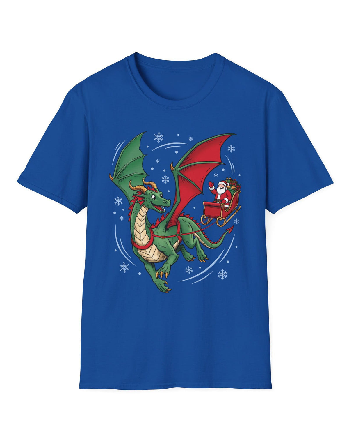 Santa's Dragon shirt in royal blue featuring a green dragon pulling Santa in a red sleigh through falling snow