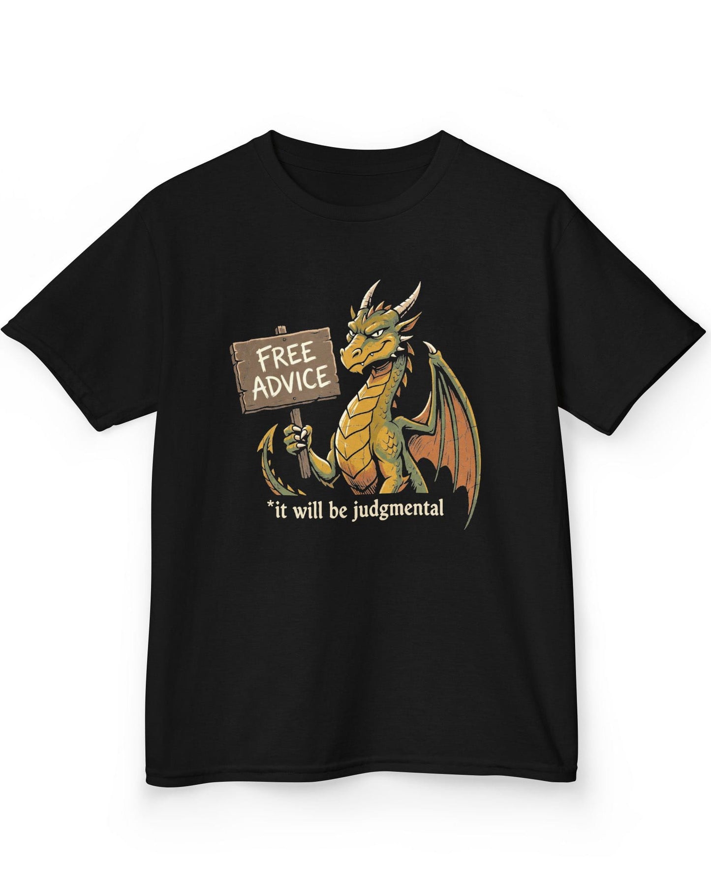 Free Advice shirt in black featuring a green and gold dragon holding a wooden sign reading “Free Advice”